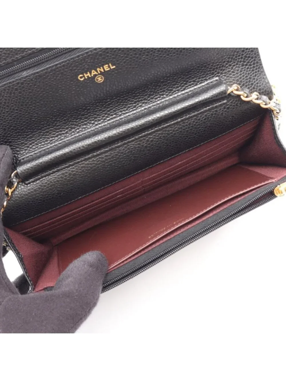 Chanel Shoulder Bag Quilted Black Caviar Leather Chain Wallet